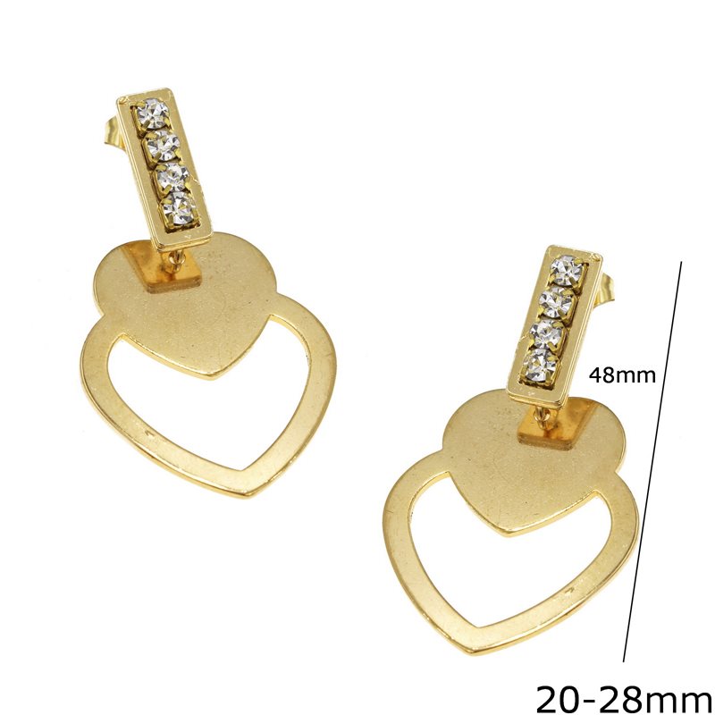 Stainless Steel Earrings Double Heart 20-28mm with Rhinestones 48mm 
