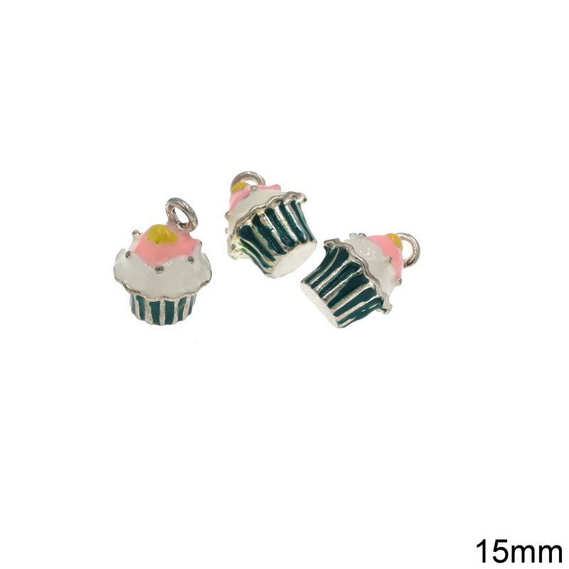 Casting Pendant Cupcake with Enamel 15mm, Silver plated