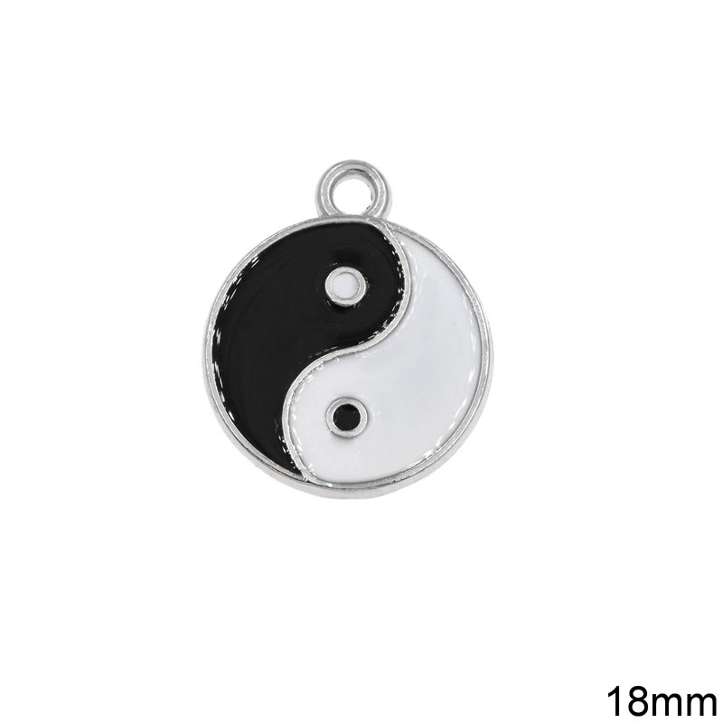 Casting Round Pendant Yin Yang with Enamel 18mm, Nickel color