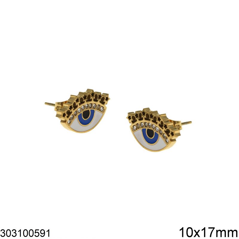 Stainless Steel Stud Earrings Evil Eye with Enamel 10x17mm, Gold