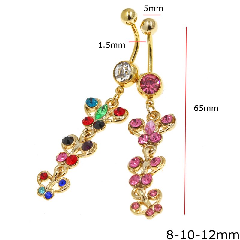 Stainless Steel Belly Button Ring with Hanging Butterflies 8-10-12mm and Stones