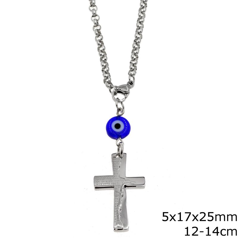 Stainless Steel Car Amulet Cross 5x17x25mm with Evil Eye, 12-14cm