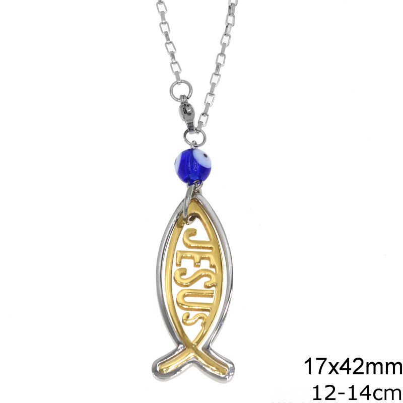 Stainless Steel Car Amulet Fish Jesus 17x42mm with Evil Eye,12-14cm