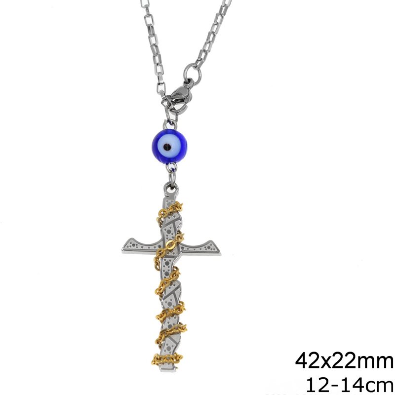 Stainless Steel Car Amulet Cross with Chain 42x22mm and Evil Eye,12-14cm