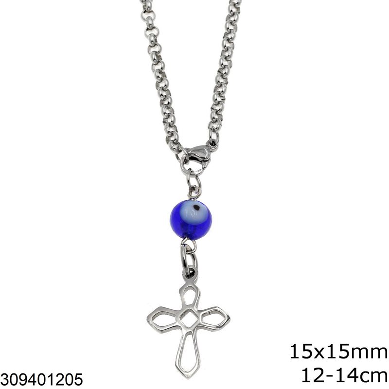 Stainless Steel Car Amulet Cross Outline 15x15mm with Evil Eye,12-14cm