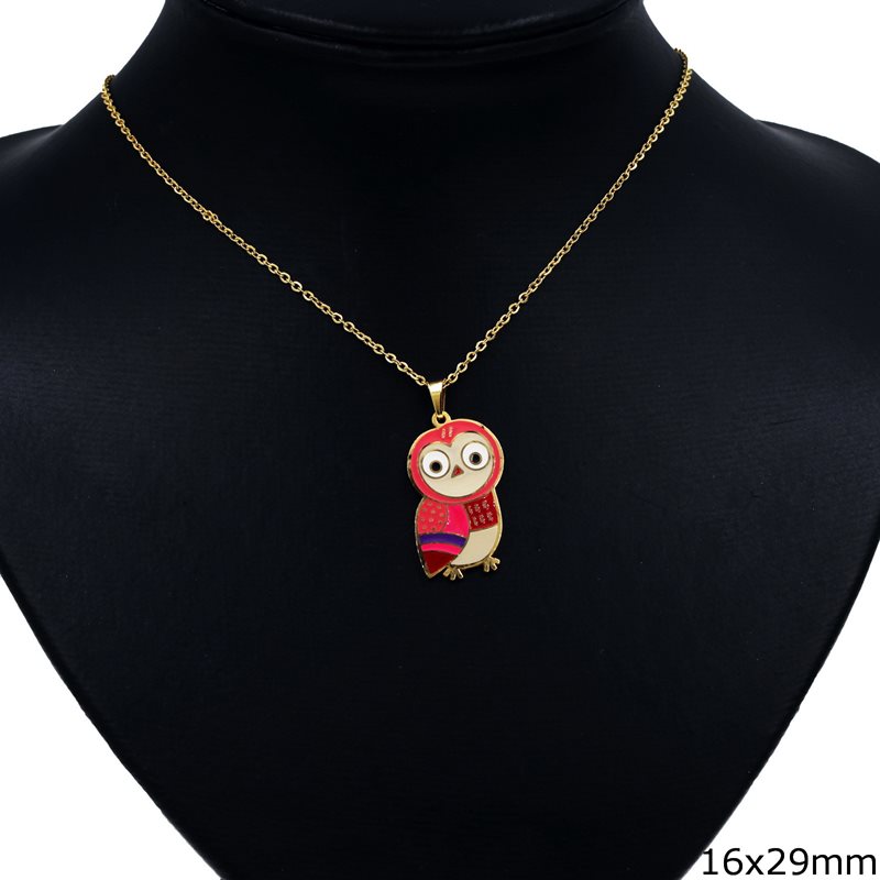 Stainless Steel Necklace Owl with Enamel 16x29mm