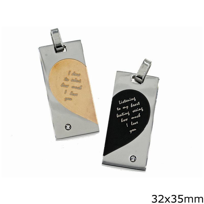 Stainless Steel Pendant for Couple Tag with Half Heart 32x35mm