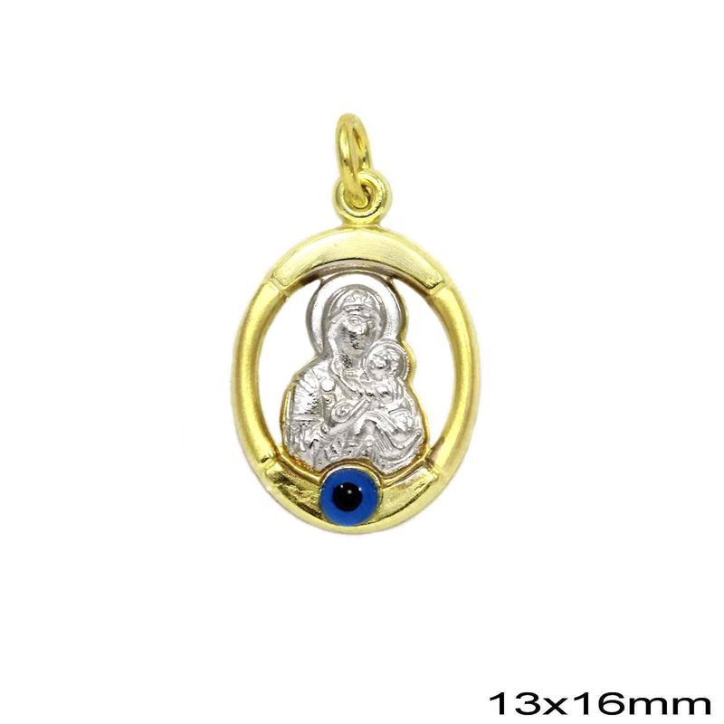 Silver 925 Oval Pendant with Holy Mary and Evil Eye 13x16mm