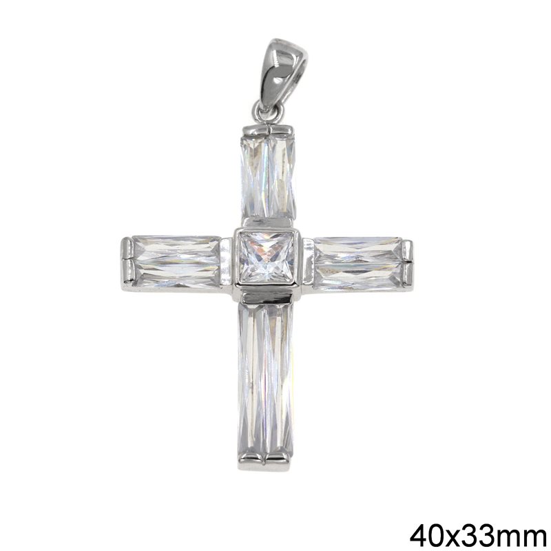 Silver 925 Pendant Cross with Zircon Baguette 40x33mm
