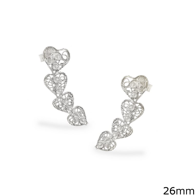 Silver 925 Filigree Earrings Hearts 26mm