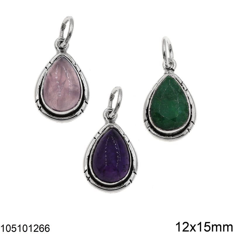 Silver 925 Pearshape Pendant 10-12mm with Semi Precious Stone 7x12mm