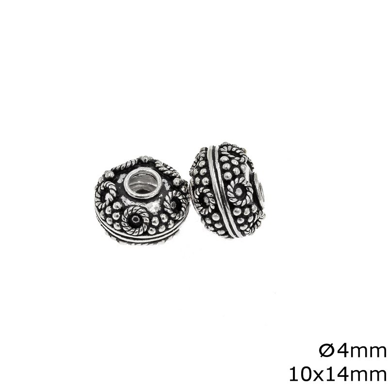 Silver 925 Oxydee Bead with Design 10x14mm, with Hole 4mm