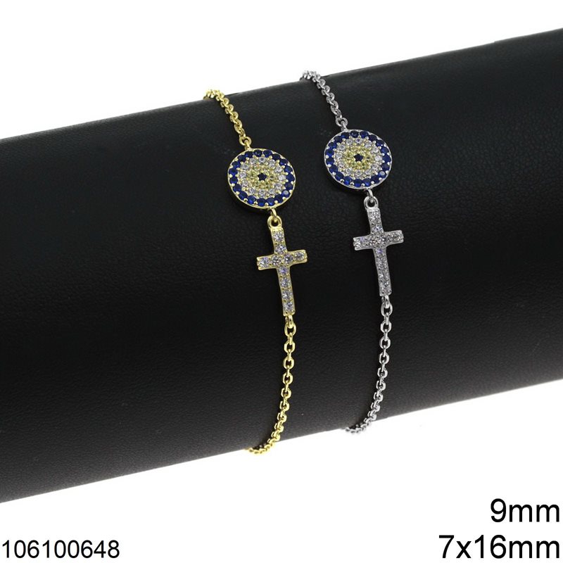 Silver 925 Bracelet Cross 7x16mm with Target and Zircon 9mm