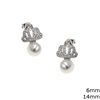 Silver 925 Earrings Crown with Zircon and Round Freshwater Pearl 6mm
