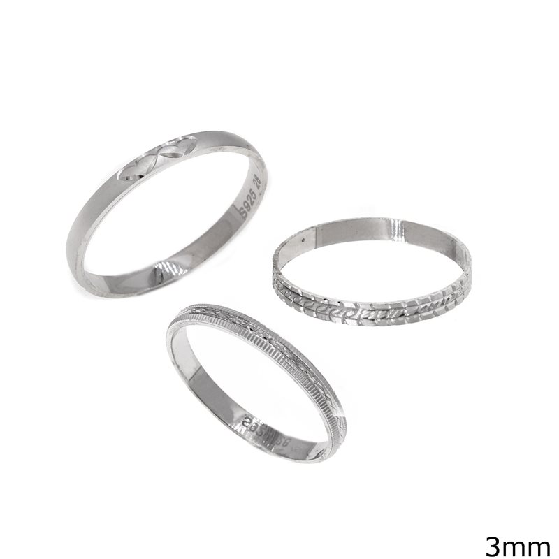 Silver 925 Diamond Cut Ring Rhodium Plated 3mm
