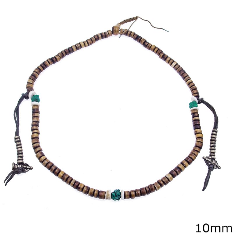 Necklace with Brown Shell Rondelle Beads and Turquoise Stones 10mm