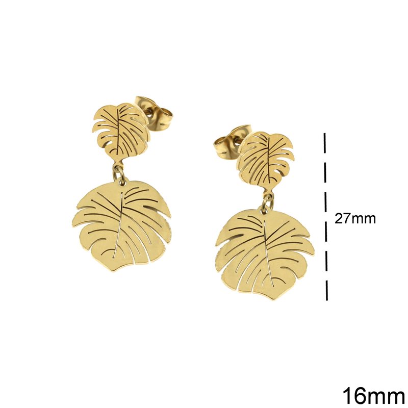 Stainless Steel Earring Stud with Hanging Leaf 16mm , Gold